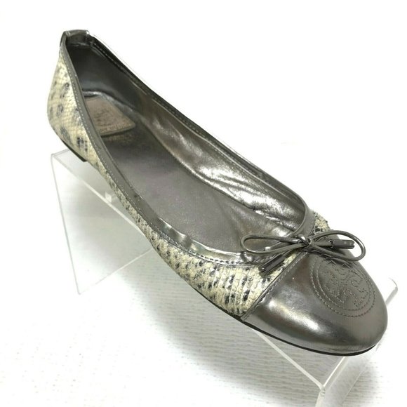 Tory Burch Shoes - Tory Burch Verbena Silver Patent Toe Snake Flats